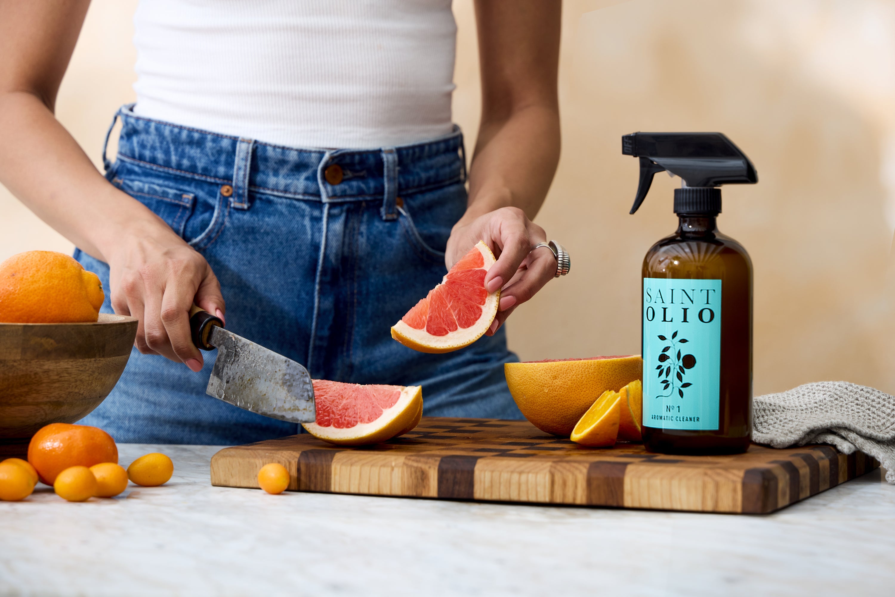 Saint Olio natural kitchen cleaner spray bottle, citrus scent, amber glass, 16oz
